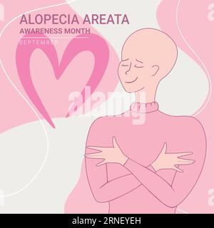 Alopecia awareness month poster. Beautiful bald girl is hugging herself. Bald is beautiful. Vector illustration Stock Vector