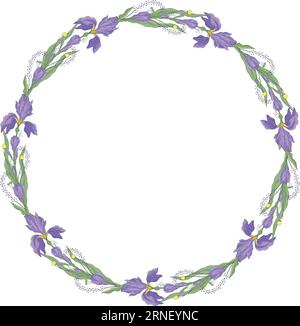Iris flower wreath template. Vector hand drawn floral round frame isolated on white background. For cards, invitations, save the date cards Stock Vector