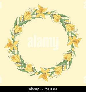 Daffodil wreath template. Narcissus. Vector hand drawn floral round frame. For cards, invitations, save the date cards Stock Vector