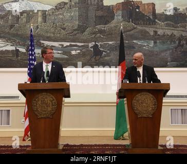 (160712) -- KABUL, July 12, 2016 -- Afghan President Mohammad Ashraf Ghani (R) and U.S. Defense Secretary Ash Carter attend a joint press conference in Kabul, capital of Afghanistan, July 12, 2016. U.S. Defense Secretary Ash Carter who paid a surprise visit to Afghanistan on Tuesday reassured Washington s long-term support to the militancy-plagued country. ) AFGHANISTAN-KABUL-U.S.DEFENSE SECRETARY-VISIT RahmatxAlizadah PUBLICATIONxNOTxINxCHN   160712 Kabul July 12 2016 Afghan President Mohammad Ashraf Ghani r and U S Defense Secretary Ash Carter attend a Joint Press Conference in Kabul Capital Stock Photo