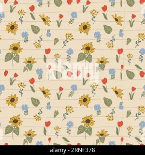 Cottagecore print wallpaper with Delicate Chintz Romantic Meadow Wildflowers and garden flowers on vintage beige old paper sheet. Traditional Retro Stock Vector