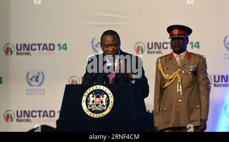 (160718) -- NAIROBI, July 17, 2016 -- Kenyan President Uhuru Kenyatta speaks during the opening ceremony of the 14th session of the UN Conference on Trade and Development (UNCTAD 14), in Kenyan capital Nairobi, on July 17, 2016. The 14th session of the UN Conference on Trade and Development (UNCTAD 14) kicked off in Nairobi on Sunday amid calls from delegates for governments to reduce global economic inequality. )(nxl) KENYA-NAIROBI-UN-TRADE-MEETING-OPENING LixBaishun PUBLICATIONxNOTxINxCHN   160718 Nairobi July 17 2016 Kenyan President Uhuru Kenyatta Speaks during The Opening Ceremony of The Stock Photo