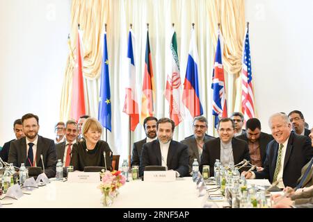 (160719) -- VIENNA, July 19, 2016 -- Helga Schmid (2nd L, Front), Deputy Secretary General for Political Affairs of the European External Action Service, and Iranian Deputy Foreign Minister Abbas Araqchi (3rd L, Front) attend a meeting of the Joint Commission under the Joint Comprehensive Plan of Action on Iranian nuclear issue in Vienna, Austria, on July 19, 2016. Iran, the P5+1 (the five permanent members of the UN Security Council -- Britain, China, France, Russia and United States -- plus Germany), and the European Union held the meeting of the Joint Commission here on Tuesday. )(zhf) AUST Stock Photo