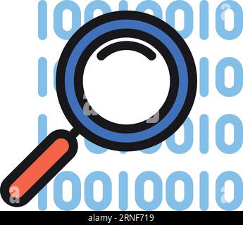 Binary code with magnifying glass. Color research icon Stock Vector
