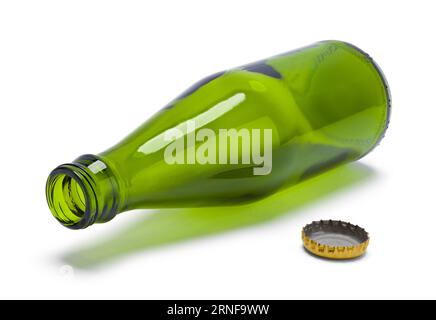 Empty Green Glass Bottle With Cap Cut Out on White. Stock Photo