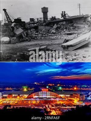 (160727) -- TANGSHAN, July 27, 2016 () -- Combined photo shows a file photo (up) of Tangshan railway station after the deadly quake in 1976 and a photo taken on Sept. 27, 2014 showing the new railway station of Tangshan, north China s Hebei Province (by photojournalist Yang Shiyao). In the early hours of July 28, 1976, one of the deadliest earthquakes of the 20th century toppled Tangshan, killing more than 240,000 people and injuring another 160,000. The deadly earthquake leveled Tangshan in just 23 seconds, with 96 percent of the city s architecture generally destroyed. Yet Tangshan has been Stock Photo