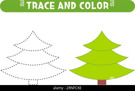 Trace and color christmas tree Educational game Worksheet for kids Stock Vector