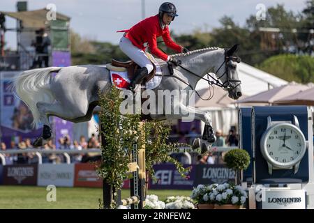 Milan, Italy. 01st Sep, 2023. FUCHS Martin of Switzerland riding Leone Jei during the FEI European Jumping Championship 2023, Equestrian event on August 30, 2023 at hippodrome Snai San Siro in Milan, Italy during 2023 Jumping European Championship, International equestrian race in Milan, Italy, September 01 2023 Credit: Independent Photo Agency/Alamy Live News Stock Photo