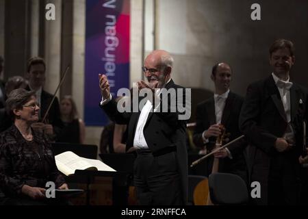 (160806) -- FRANKFURT, Aug. 6, 2016 -- Dutch conductor, organist and harpsichordist Ton Koopman (C) takes curtain call after the performance of the Amsterdam Baroque Ensemble during Rheingau Music Festival at the Eberbach Abbey, Eltville, Germany, on Aug. 5, 2016. The 29th Rheingau Music Festival is held from June 18 to Aug. 27. ) (syq) GERMANY-ELTVILLE-MUSIC FESTIVAL-TON KOOPMAN LuoxHuanhuan PUBLICATIONxNOTxINxCHN   160806 Frankfurt Aug 6 2016 Dutch Conductor Organist and harpsichordist Sound Koopman C Takes Curtain Call After The Performance of The Amsterdam Baroque Ensemble during Rheingau Stock Photo