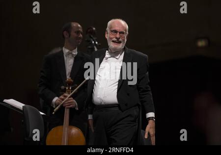 160806 -- FRANKFURT, Aug. 6, 2016 -- Dutch conductor, organist and harpsichordist Ton Koopman front takes curtain call after the performance of the Amsterdam Baroque Ensemble during Rheingau Music Festival at the Eberbach Abbey, Eltville, Germany, on Aug. 5, 2016. The 29th Rheingau Music Festival is held from June 18 to Aug. 27.  syq GERMANY-ELTVILLE-MUSIC FESTIVAL-TON KOOPMAN LuoxHuanhuan PUBLICATIONxNOTxINxCHN Stock Photo