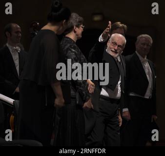 (160806) -- FRANKFURT, Aug. 6, 2016 -- Dutch conductor, organist and harpsichordist Ton Koopman takes curtain call after the performance of the Amsterdam Baroque Ensemble during Rheingau Music Festival at the Eberbach Abbey, Eltville, Germany, on Aug. 5, 2016. The 29th Rheingau Music Festival is held from June 18 to Aug. 27. ) (syq) GERMANY-ELTVILLE-MUSIC FESTIVAL-TON KOOPMAN LuoxHuanhuan PUBLICATIONxNOTxINxCHN   160806 Frankfurt Aug 6 2016 Dutch Conductor Organist and harpsichordist Sound Koopman Takes Curtain Call After The Performance of The Amsterdam Baroque Ensemble during Rheingau Music Stock Photo