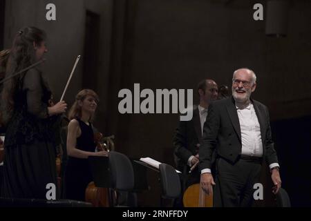 (160806) -- FRANKFURT, Aug. 6, 2016 -- Dutch conductor, organist and harpsichordist Ton Koopman (front R) takes curtain call after the performance of the Amsterdam Baroque Ensemble during Rheingau Music Festival at the Eberbach Abbey, Eltville, Germany, on Aug. 5, 2016. The 29th Rheingau Music Festival is held from June 18 to Aug. 27. ) (syq) GERMANY-ELTVILLE-MUSIC FESTIVAL-TON KOOPMAN LuoxHuanhuan PUBLICATIONxNOTxINxCHN   160806 Frankfurt Aug 6 2016 Dutch Conductor Organist and harpsichordist Sound Koopman Front r Takes Curtain Call After The Performance of The Amsterdam Baroque Ensemble duri Stock Photo