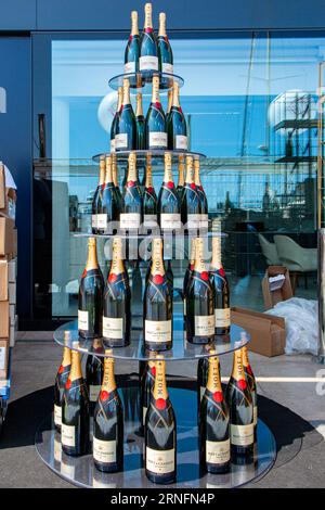 A [yramid of Moet & Chandom champagne magnums ready for a party at Monaco Yacht Club, celebrating 70 years of the Yacht Club Stock Photo
