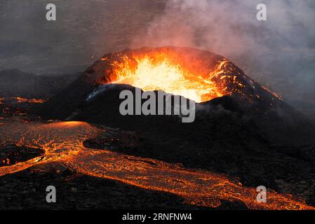 Images from the recent volcanic eruption at Litli-Hrutur in the Reykjanes peninsula. Iceland, July 10th 2023. Stock Photo