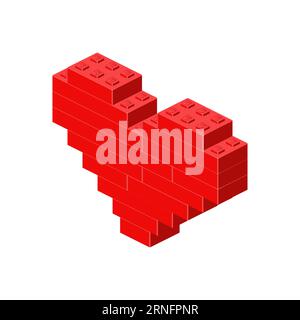 Heart in isometry assembled from bricks. Vector illustration. Pixel art Stock Vector