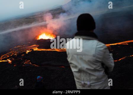 Images from the recent volcanic eruption at Litli-Hrutur in the Reykjanes peninsula. Iceland, July 10th 2023. Stock Photo