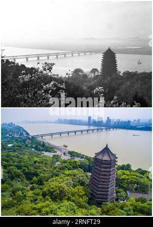 (160823) -- BEIJING, Aug. 23, 2016 () -- Combined photo shows the Liuhe Pagoda by the Qiantang River in Hangzhou, capital of east China s Zhejiang Province. The G20 Summit will be held on Sept. 4-5 in Hangzhou, dubbed paradise on earth with a history of over 2,200 years. (The file photo was released by while the lower photo was taken by Xu Yu on Sept. 17, 2015.) () (mp) CHINA-ZHEJIANG-HANGZHOU-SCENERY-CHANGES (CN) Xinhua PUBLICATIONxNOTxINxCHN   160823 Beijing Aug 23 2016 Combined Photo Shows The Liuhe Pagoda by The Qiantang River in Hangzhou Capital of East China S Zhejiang Province The G20 S Stock Photo