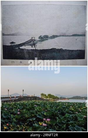 (160823) -- BEIJING, Aug. 23, 2016 () -- Combined photo shows the Bai Causeway at the West Lake in Hangzhou, capital of east China s Zhejiang Province. The G20 Summit will be held on Sept. 4-5 in Hangzhou, dubbed paradise on earth with a history of over 2,200 years. (The file photo was provided by Wang Qiuhang while the lower photo was taken by Xu Yu on Aug. 18, 2016.) () (mp) CHINA-ZHEJIANG-HANGZHOU-SCENERY-CHANGES (CN) Xinhua PUBLICATIONxNOTxINxCHN   160823 Beijing Aug 23 2016 Combined Photo Shows The Bai Causeway AT The WEST Lake in Hangzhou Capital of East China S Zhejiang Province The G20 Stock Photo
