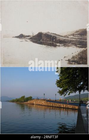 (160823) -- BEIJING, Aug. 23, 2016 () -- Combined photo shows the Bai Causeway at the West Lake in Hangzhou, capital of east China s Zhejiang Province. The G20 Summit will be held on Sept. 4-5 in Hangzhou, dubbed paradise on earth with a history of over 2,200 years. (The file photo was provided by Wang Qiuhang while the lower photo was taken by Xu Yu on Aug. 18, 2016.) () (mp) CHINA-ZHEJIANG-HANGZHOU-SCENERY-CHANGES (CN) Xinhua PUBLICATIONxNOTxINxCHN   160823 Beijing Aug 23 2016 Combined Photo Shows The Bai Causeway AT The WEST Lake in Hangzhou Capital of East China S Zhejiang Province The G20 Stock Photo