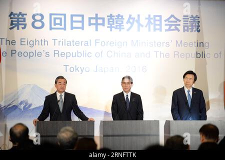 (160824) -- TOKYO, Aug. 24, 2016 -- Chinese Foreign Minister Wang Yi, Japanese Foreign Minister Fumio Kishida and South Korean Foreign Minister Yun Byung Se (from L to R) attend a joint press conference in Tokyo, Japan, Aug. 24, 2016. The 8th trilateral foreign ministers meeting was held here on Wednesday. ) JAPAN-TOKYO-8TH TRILATERAL FOREIGN MINISTERS MEETING MaxPing PUBLICATIONxNOTxINxCHN   160824 Tokyo Aug 24 2016 Chinese Foreign Ministers Wang Yi Japanese Foreign Ministers Fumio Kishida and South Korean Foreign Ministers Yun Byung SE from l to r attend a Joint Press Conference in Tokyo Jap Stock Photo