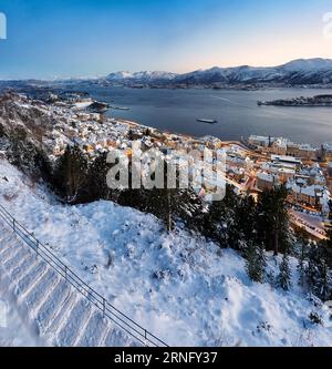 Winter landschape sunset view over Ålesund from Fjellstua, Norway Stock Photo