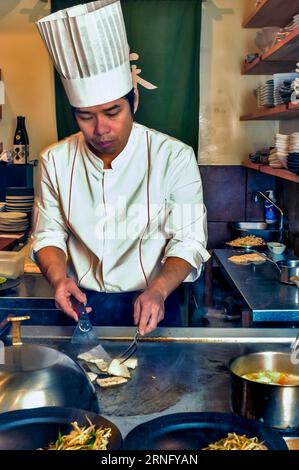 PARIS, France  - Portrait, Chef at Work in Kitchen ,Grilling Food,  Interior Japanese Restaurant,  in « Abazu », restaurant workers Stock Photo