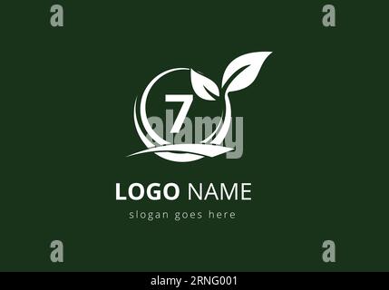 Initial 7 monogram alphabet with circle leaf and swoosh. Eco-friendly black logo concept Stock Vector