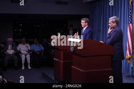 (160829) -- WASHINGTON D.C., Aug. 29, 2016 -- U.S. Secretary of Defense Ash Carter (L) and Indian Defense Minister Manohar Parrikar attend a press conference at the Pentagon in Washington D.C., the United States, Aug. 29, 2016. The United States and India on Monday signed a logistics agreement that will enable their military forces to use each other s bases for repair and replenishment of supplies. ) U.S.-WASHINGTON-INDIA-DEFENSE-DIPLOMACY YinxBogu PUBLICATIONxNOTxINxCHN   160829 Washington D C Aug 29 2016 U S Secretary of Defense Ash Carter l and Indian Defense Ministers Manohar Parrikar atte Stock Photo