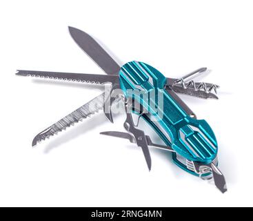 A multifunction folding knives isolated on white background. Multipurpose knife Stock Photo
