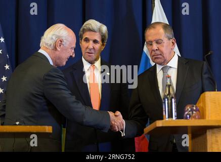 (160910) -- GENEVA, Sept. 10, 2016 -- U.S. Secretary of State John Kerry (C), Russian Foreign Minister Sergey Lavrov (R) and United Nations Special Envoy for Syria Staffan de Mistura attend a joint press conference in Geneva, Switzerland, Sept. 10, 2016. U.S. Secretary of State John Kerry and Russian Foreign Minister Sergey Lavrov reached on Saturday a landmark agreement which would see both countries greatly enhance cooperation in a bid to end the five-year-old Syrian conflict. ) (djj) SWITZERLAND-GENEVA-SYRIAN CONFLICT-AGREEMENT XuxJinquan PUBLICATIONxNOTxINxCHN   160910 Geneva Sept 10 2016 Stock Photo
