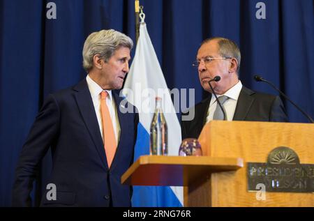 (160910) -- GENEVA, Sept. 10, 2016 -- U.S. Secretary of State John Kerry(L) and Russian Foreign Minister Sergey Lavrov attend a joint press conference after they reached a landmark agreement which would see both countries greatly enhance cooperation in a bid to end the five-year-old Syrian conflict, in Geneva, Switzerland, Sept. 10, 2016. ) (djj) SWITZERLAND-GENEVA-SYRIAN CONFLICT-AGREEMENT XuxJinquan PUBLICATIONxNOTxINxCHN   160910 Geneva Sept 10 2016 U S Secretary of State John Kerry l and Russian Foreign Ministers Sergey Lavrov attend a Joint Press Conference After They reached a Landmark A Stock Photo