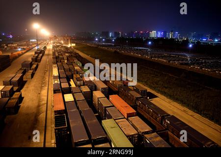 (160914) -- BEIJING, Sept. 14, 2016 -- Phto taken on Aug. 18, 2016 shows the railway container center in Zhengzhou, capital of central China s Henan Province, Aug. 18, 2016. Zhengzhou is one of the Chinese cities having direct cargo trains to Europe. Starting from Zhengzhou, a logistics center and transport hub in Henan, the 10,214-kilometer Zhengzhou-Europe international shuttle train crosses the border at the Alataw Pass in Xinjiang before passing through Kazakhstan, Russia, Belarus and Poland on its way to Germany s Hamburg. The Zhengzhou-Europe express railway service, which opened in July Stock Photo