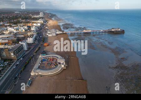 Aerial view of the lido, beach and pier, Worthing, West Sussex, UK. Stock Photo