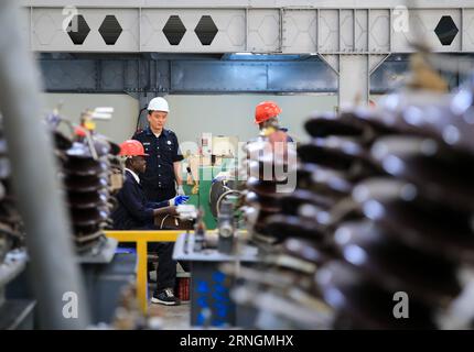 (161006) -- NAIROBI, Oct. 6, 2016 -- A Chinese engineer guides Kenyan technicians to work at Yocean manufacturing transformers factory on the outskirts of Nairobi, Kenya, on Oct. 5, 2016. Kenya s first transfomer-manufacturing plant, set up by Chinese company Yocean Group, opened on Wednesday. Kenya has been relying on transformers from abroad, mostly from India. Kenya s Cabinet Secretary for Energy and Petroleum, Charles Keter, said the plant will ease procurement of transformers and other electrical appliances. ) (dtf) KENYA-NAIROBI-ENERGY-CHINA-TRANSFORMER PanxSiwei PUBLICATIONxNOTxINxCHN Stock Photo