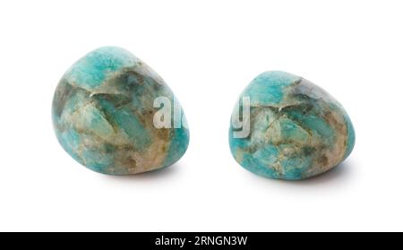 Blue and Brown Patern Amazonite Mineral Gem Stone  isolated on white background with reflection. Magic healing Crystal. Stock Photo