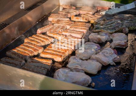 Turning different meat on a propane stainless steel grill. Summer pary, making BBQ, enjoying life, evening setting. Raw meat, sausages and cevapcici b Stock Photo