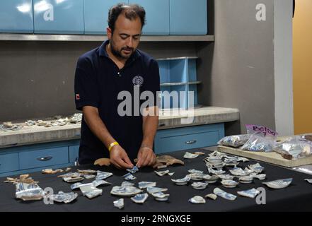 (161015) -- ACAPULCO (MEXICO), Oct. 15, 2016 -- Photo taken on Oct. 7, 2016, shows an archaeologist working on antique Chinese porcelain fragments in the city of Acapulco, Mexico. A new archaeological find announced on Friday in Mexico attests to China s age-old vocation as an exporting powerhouse. Mexican archaeologists have uncovered thousands of fragments of a 400-year-old shipment of Chinese export-quality porcelain that was long buried in the Pacific Coast port of Acapulco. Meliton Tapia/) (lr) MEXICO-ACAPULCO-ANCIENT CHINESE EXPORT-QUALITY PORCELAIN -DISCOVERY INAH PUBLICATIONxNOTxINxCHN Stock Photo