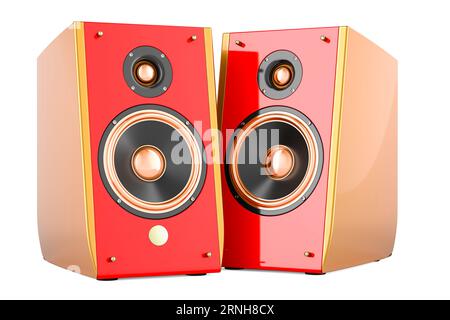 Musical Speakers, red color. 3D rendering isolated on white background Stock Photo