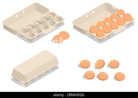 Isometric Chicken Egg Packaging. Eggs in a cardboard box isolated on a background. Chicken egg is a main component of the human diet serving as a Stock Vector