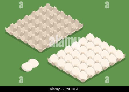 Isometric Chicken Egg Packaging. Eggs in a cardboard box isolated on a background. Chicken egg is a main component of the human diet serving as a Stock Vector