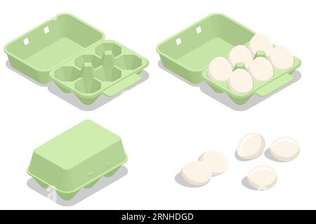 Isometric Chicken Egg Packaging. Eggs in a cardboard box isolated on a background. Chicken egg is a main component of the human diet serving as a Stock Vector