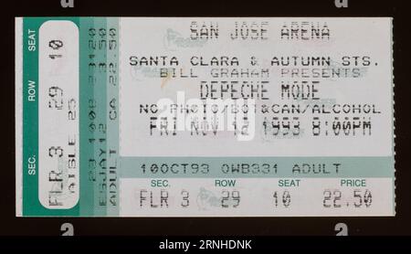 San Jose, California - November 12, 1993 - Old used ticket stub for Depeche Mode concert at San Jose Arena Stock Photo