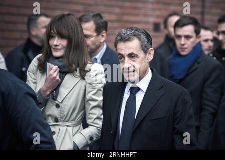 (161120) -- PARIS, Nov. 20, 2016 -- Ex-president Nicolas Sarkozy (R, Front) arrives to vote at his poll booth during the French right wing party Les Republicains Primaries as he is running for candidacy for the 2017 Presidential Election in Paris, France, Nov. 20, 2016. France s opposition, the center-right parties, started voting in the first round of the primary Sunday to pick their candidate to run in the presidential elections next year. )(yk) FRANCE-PARIS-VOTING HubertxLechat PUBLICATIONxNOTxINxCHN   Paris Nov 20 2016 Ex President Nicolas Sarkozy r Front arrives to VOTE AT His Poll Booth Stock Photo