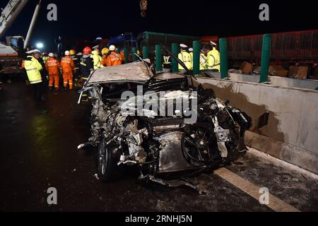 YUXIAN, Nov. 21, 2016 -- Photo taken on Nov. 21, 2016 shows a car damaged in the accident on the Pingyang section of Beijing-Kunming expressway in north China s Shanxi Province. A total of 17 people died and 37 others were injured after 56 vehicles piled up on a Beijing-Kunming expressway in Shanxi Monday. ) (zwx) CHINA-SHANXI-EXPRESSWAY-CAR ACCIDENT (CN) ZhanxYan PUBLICATIONxNOTxINxCHN   Yuxian Nov 21 2016 Photo Taken ON Nov 21 2016 Shows a Car damaged in The accident ON The Ping Yang Section of Beijing Kunming Expressway in North China S Shanxi Province a total of 17 Celebrities died and 37 Stock Photo