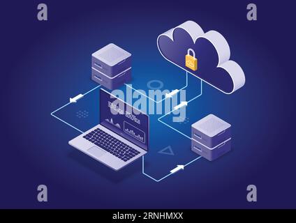 Isometric Modern Cloud Technology and Networking, Big Data Flow Processing Concept. Cloud Service, Cloud Storage Web Cloud Technology Business. Stock Vector