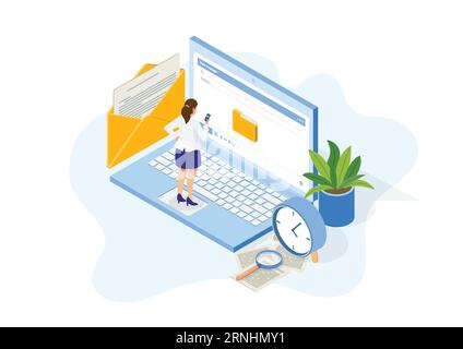 Isometric Sending Email Concept. Message Online Chat Social Text Concept. Spam. New Email, Messaging, Email marketingm Working process, New email mess Stock Vector