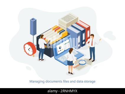 Isometric vector of office employees managing paper documents, file folders, and data storage. Stock Vector
