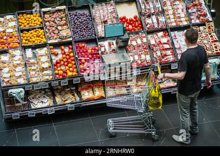 Wien, Austria - August 28, 2023:  fruit section from above in supermarket in Austria. Stock Photo