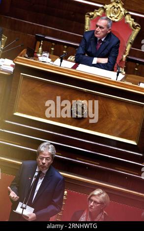 Italien: Senat spricht neuer Regierung das Vertrauen aus (161214) -- ROME, Dec. 14, 2016 -- Italian Prime Minister Paolo Gentiloni (L, bottom) gives a speech ahead of a confidence vote at the upper house in Rome, capital of Italy, on Dec. 14, 2016. The new cabinet of Italian Prime Minister Paolo Gentiloni won the second of two confidence votes on Wednesday, paving the way for formally taking over the power. ) ITALY-ROME-SENATE-GENTILONI-CONFIDENCE VOTE-WINNING JinxYu PUBLICATIONxNOTxINxCHN   Italy Senate speaks later Government the Trust out 161214 Rome DEC 14 2016 Italian Prime Ministers Paol Stock Photo