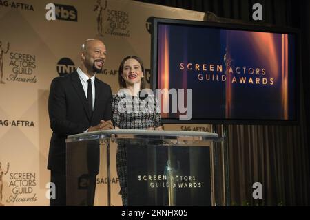 (161215) -- LOS ANGELES, Dec. 14, 2016 -- U.S. singer Common (L) and actress Sophia Bush speak onstage during the 23rd Screen Actors Guild Awards Nominations at the Pacific Design Center in Los Angeles, California, on Dec. 14, 2016. Feature film Manchester by the Sea took a leading of four nominations including one for its ensemble cast at the 23rd annual Screen Actors Guild (SAG) Awards nomination presentation on Wednesday morning in Los Angeles. ) (yy) U.S.-LOS ANGELES-SAG AWARDS-NOMINATION PRESENTATION yangxlei PUBLICATIONxNOTxINxCHN   161215 Los Angeles DEC 14 2016 U S Singer Common l and Stock Photo